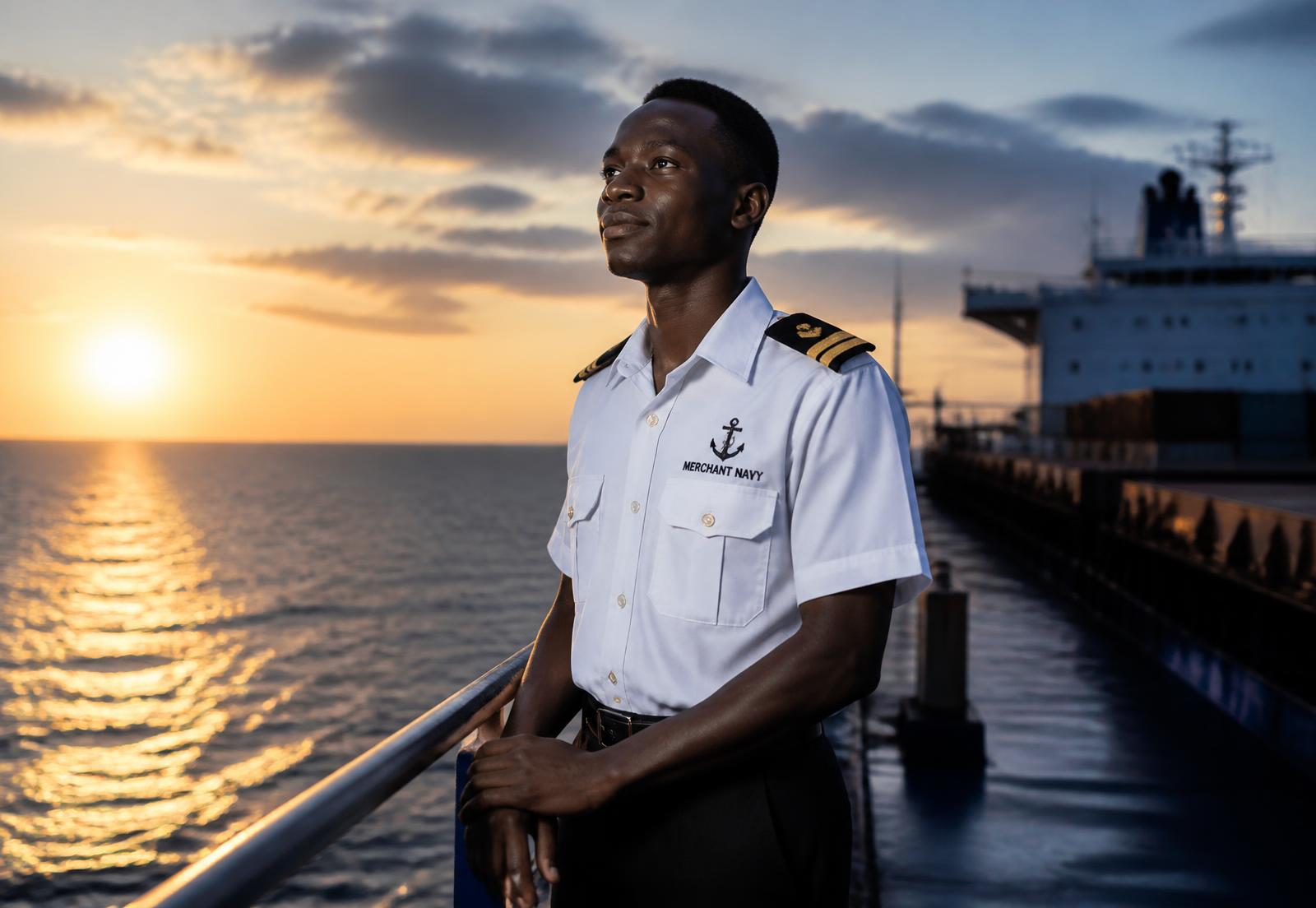 African maritime cadet on the deck of a cargo ship at sunset