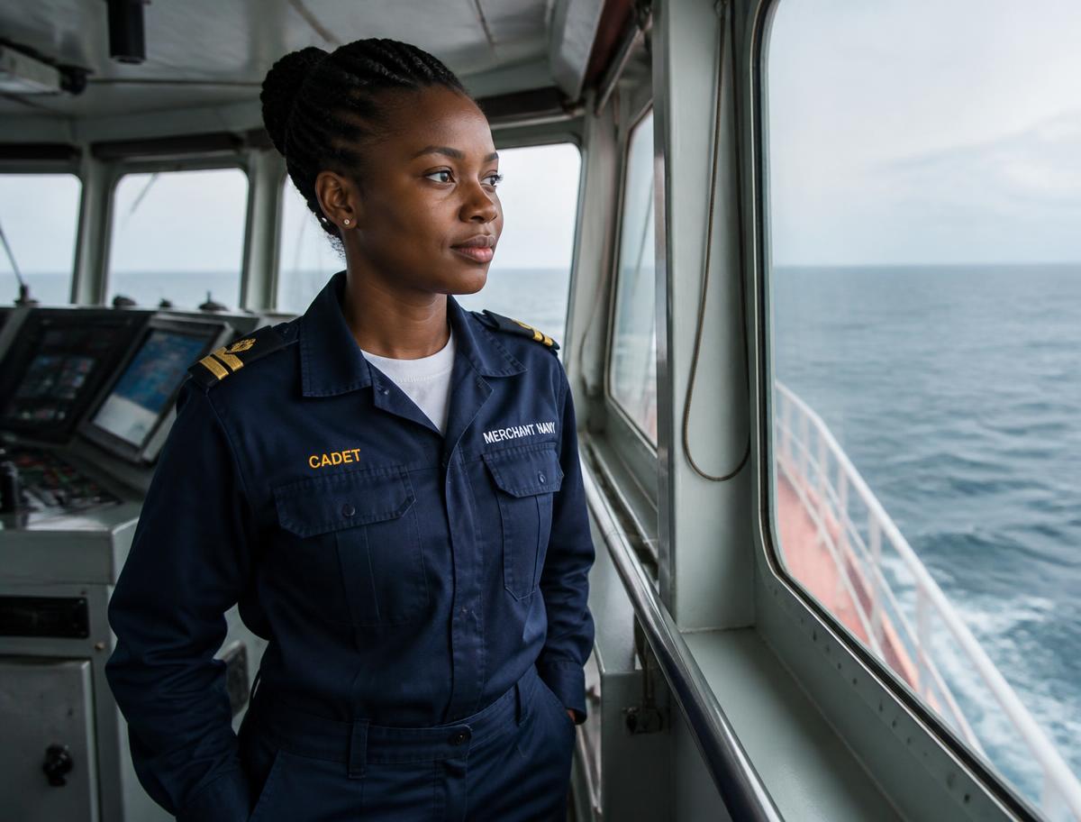 Woman maritime cadet on a ship bridge